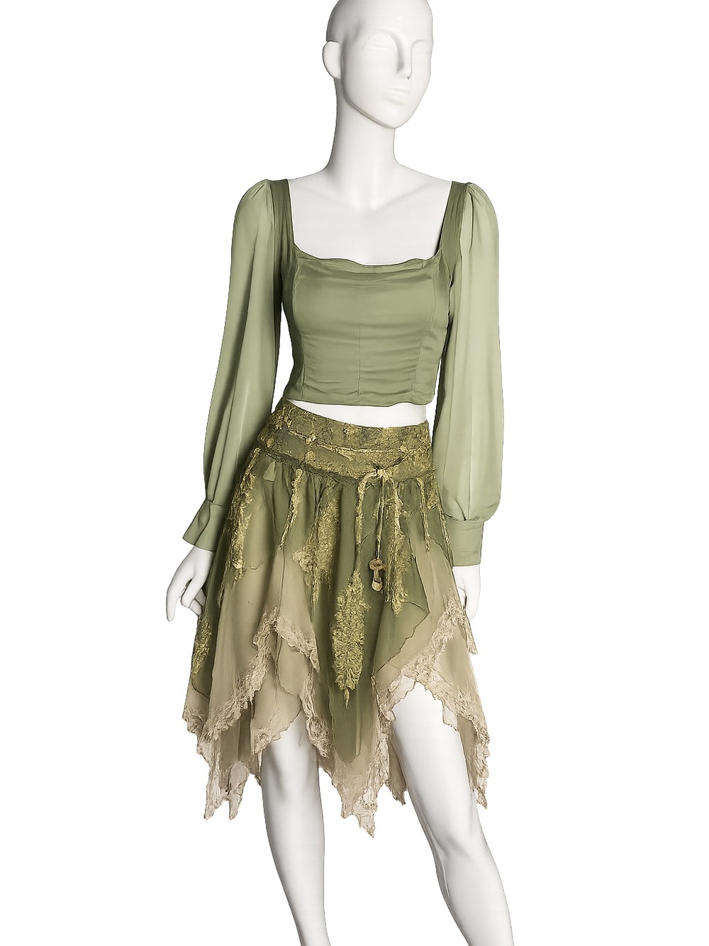 Urban Outfitters Olive Green Square Neck Sheer Sleeve Smocked Crop Top M fairy